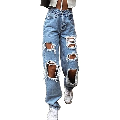 Women High Waisted Baggy Ripped Jeans Boyfriend Fashion Large Denim Baggy Blue Jeans for Girls