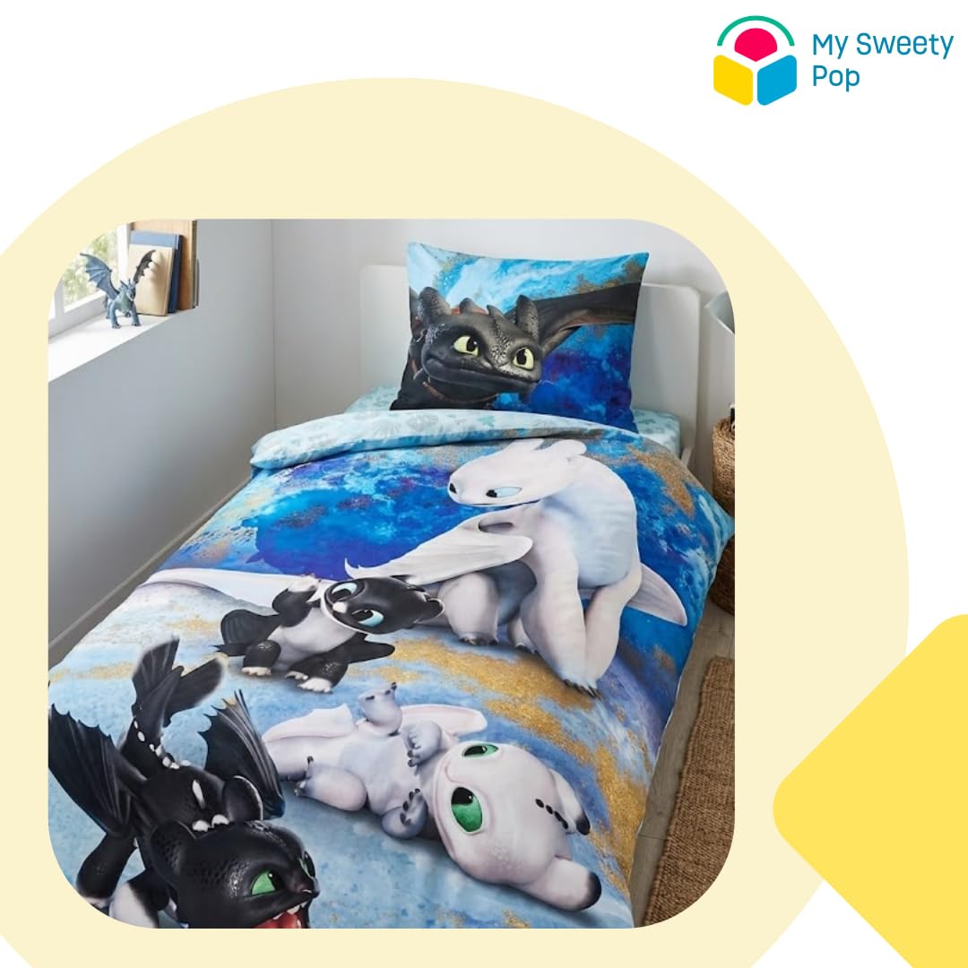 My sweety pop | Housse de Couette Dragon Dragon Puppies 140x200 cm | Parure de Lit Enfant 100% Coton | Taie d'oreiller Extra Large 70x90 cm | Linge de Lit Thème Monde Magique et Krokmou