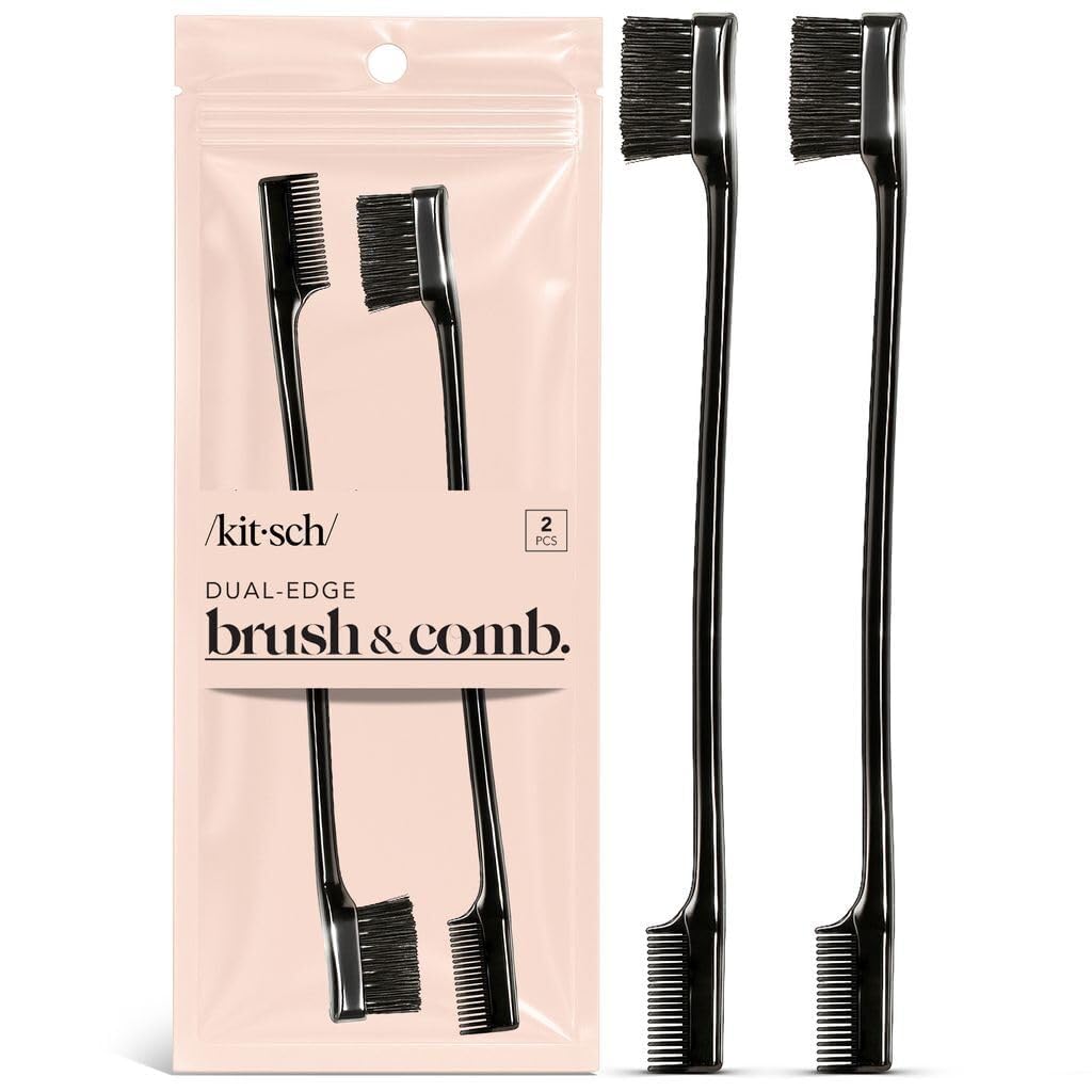 Kitsch Double Sided Edge Control Hair Brushes for Women - Edge Brush with Soft Nylon Bristles | For Bangs, Hairline, Eyebrows & Lashes - 2 Pcs, Black