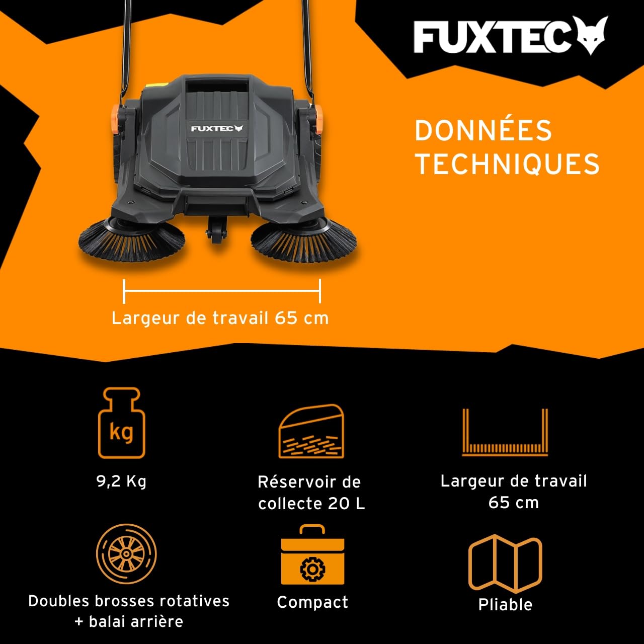 Balayeuse mécanique FUXTEC FX-HK65 – idéale pour surfaces extérieures moyennes à grandes. Largeur de travail 650 mm, cuve 20 L, capacité jusqu'à 2000 m², design ergonomique
