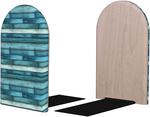 Book Ends for Shelves 1 Pair - Retro Green Wood Grain Print Wood with Metal Base Bookends for Heavy Books, Book Stand Organizer Holder for Books