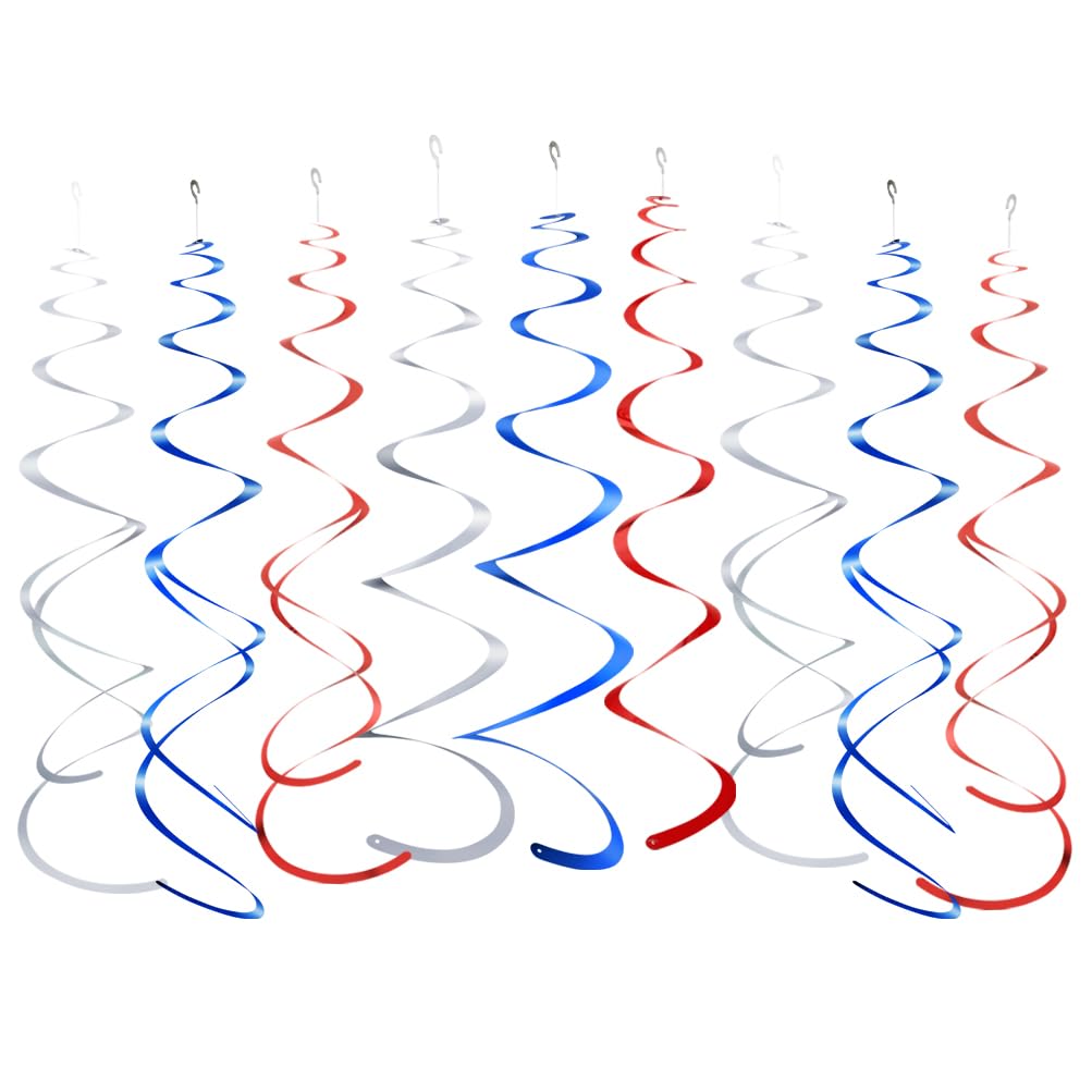 MOWO Silver Blue and Red Foil Swirl Hanging Decoration for 4th July Independence Day Graduation Retirement Patriotic Theme Party Supplies,Pack of 21