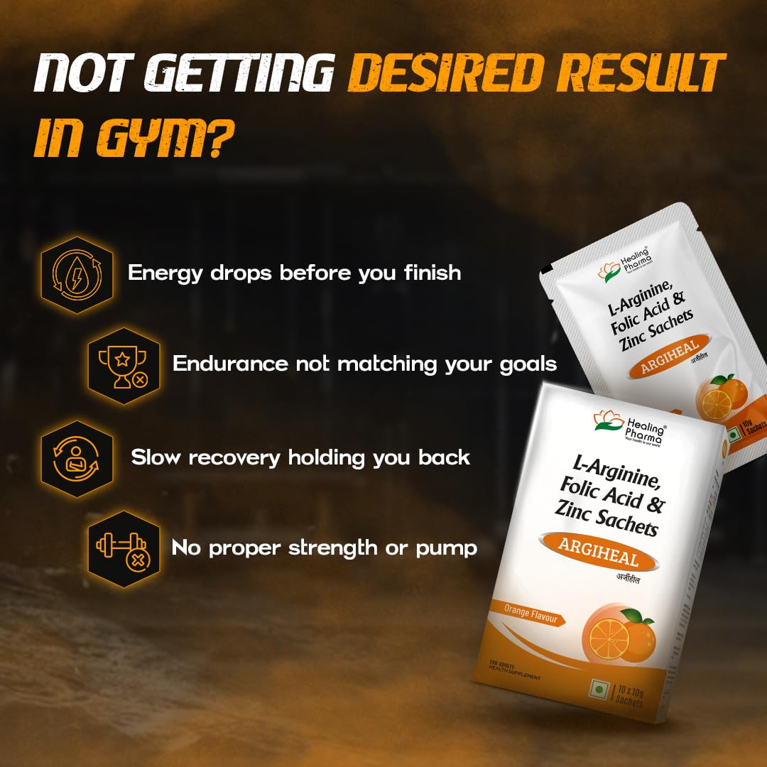 Healing Pharma - ARGIHEAL 3g L-Arginine Powder Sachets | Supports Stamina, Blood Flow & Muscle Recovery | Pre-Workout Supplement For Men & Women | No Added Sugar | Orange Flavour - 10g (Pack of 10) 1