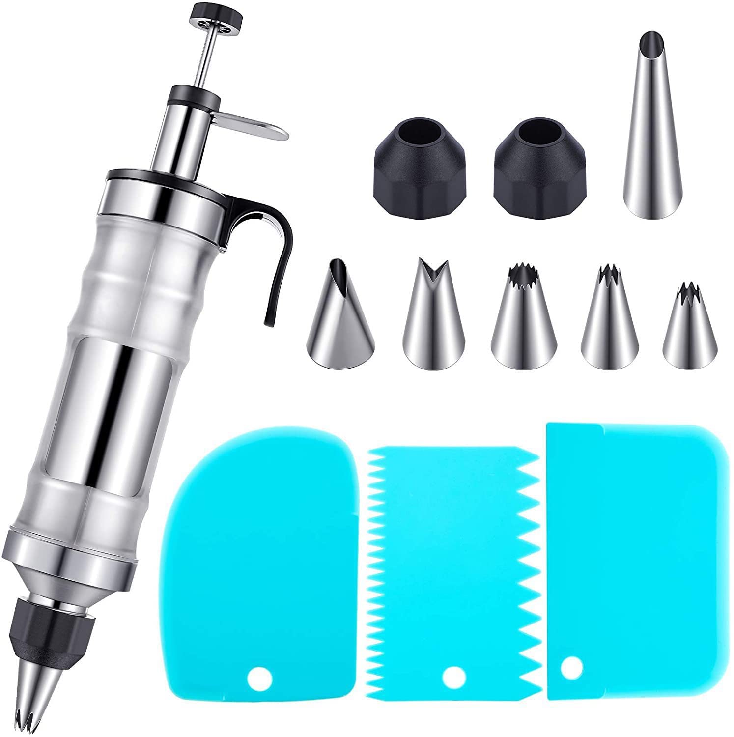 Ensemble de seringues de décoration de dessert, kit de glaçage en acier inoxydable pour décoration de gâteaux avec spatule, kit de décoration de cupcakes, poches à douille et embouts (noir)
