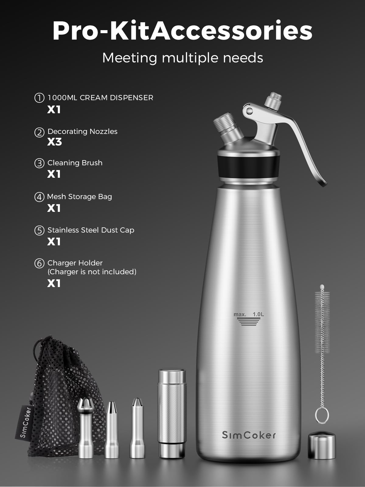 Dispenser professionale per panna montata, 1000 ml, in acciaio inox, set con 3 ugelli decorativi, 1 pennello, 1 custodia, macchina per panna montata senza caricabatterie N2O