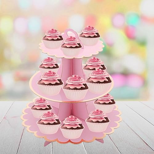 Miniatura 2 de MRPAPA Bandeja rosa para cupcakes y pasteles, soporte de cartón de 3 niveles, soporte de postre fácil de montar para fiestas, baby shower de niñas