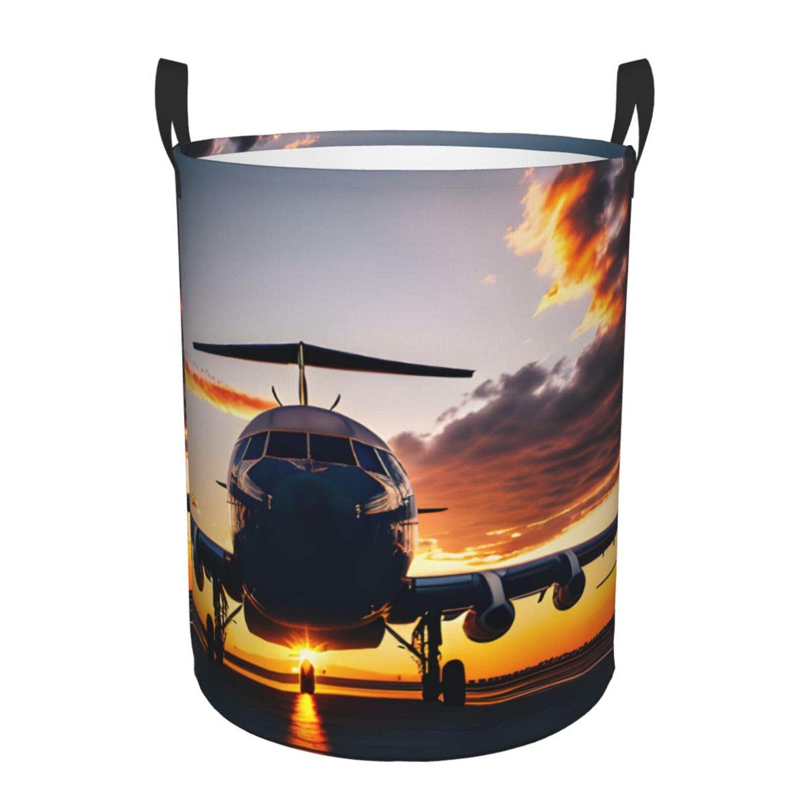 S Collapsible Laundry Hamper Round Aircraft Plane at Sunset Print Storage