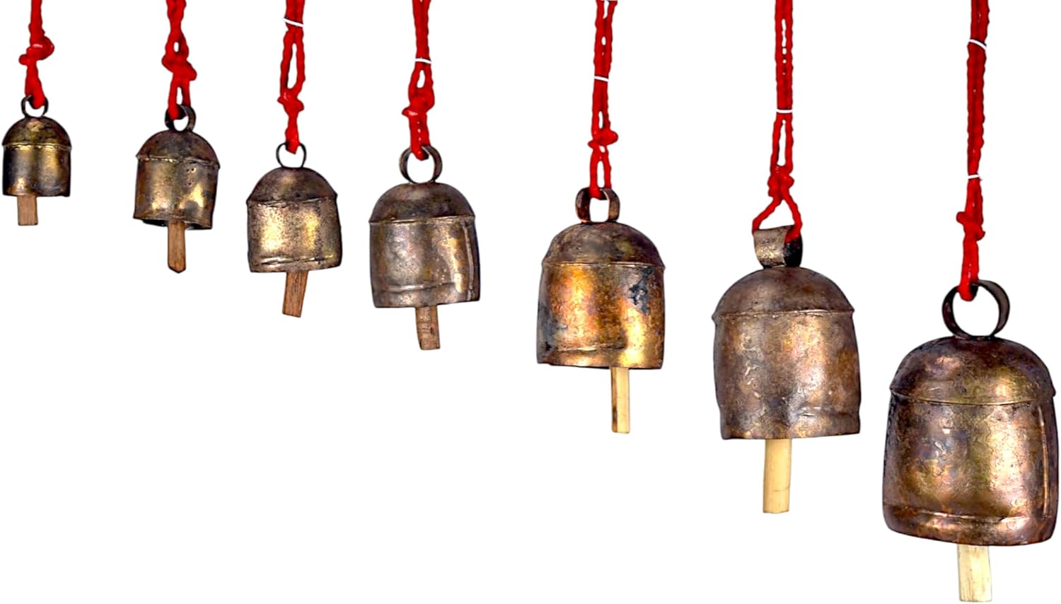 Handmade Rustic Bells Wind Chimes for Outside 7 Hanging Bells on Rope, Brass-Coated Iron Bells for Door, Outdoor Patio, Farmhouse Decor, Christmas Ornaments, Boho Hanging Bell, Vintage Wind Bell 55"