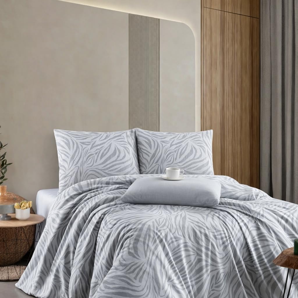 Parure de lit 4 pièces 155 x 220 cm en coton blanc et gris à rayures zèbres Zirvehome