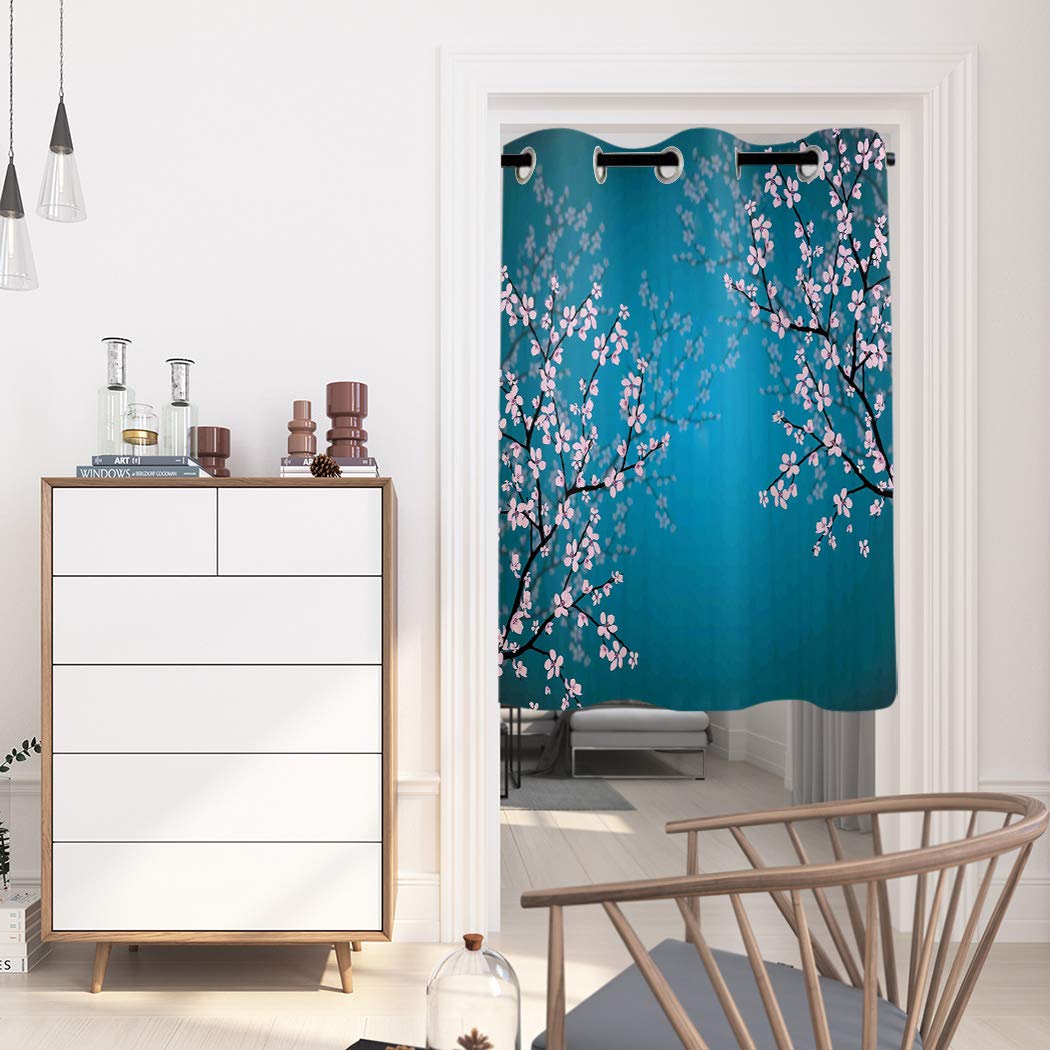 Tende oscuranti per finestra, 160 cm di lunghezza, oscuranti, per soggiorno, camera da letto, tende con occhielli per tende eleganti con fiori di ciliegio e isolamento termico, larghezza 132 cm, blu