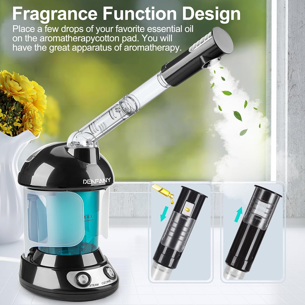 Facial Steamer - DENFANY Nano Ionic Face Steamer with Extendable 360° Rotating Arm - Portable Facial Steamer for Personal Care at Home or Salon (): Black