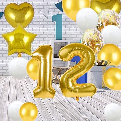 Miniatura 4 de Globo de 12 cumpleaños para decoración de 12 cumpleaños, dorado, 12 globos para fiesta de cumpleaños, número 12, globos de Mylar de papel de