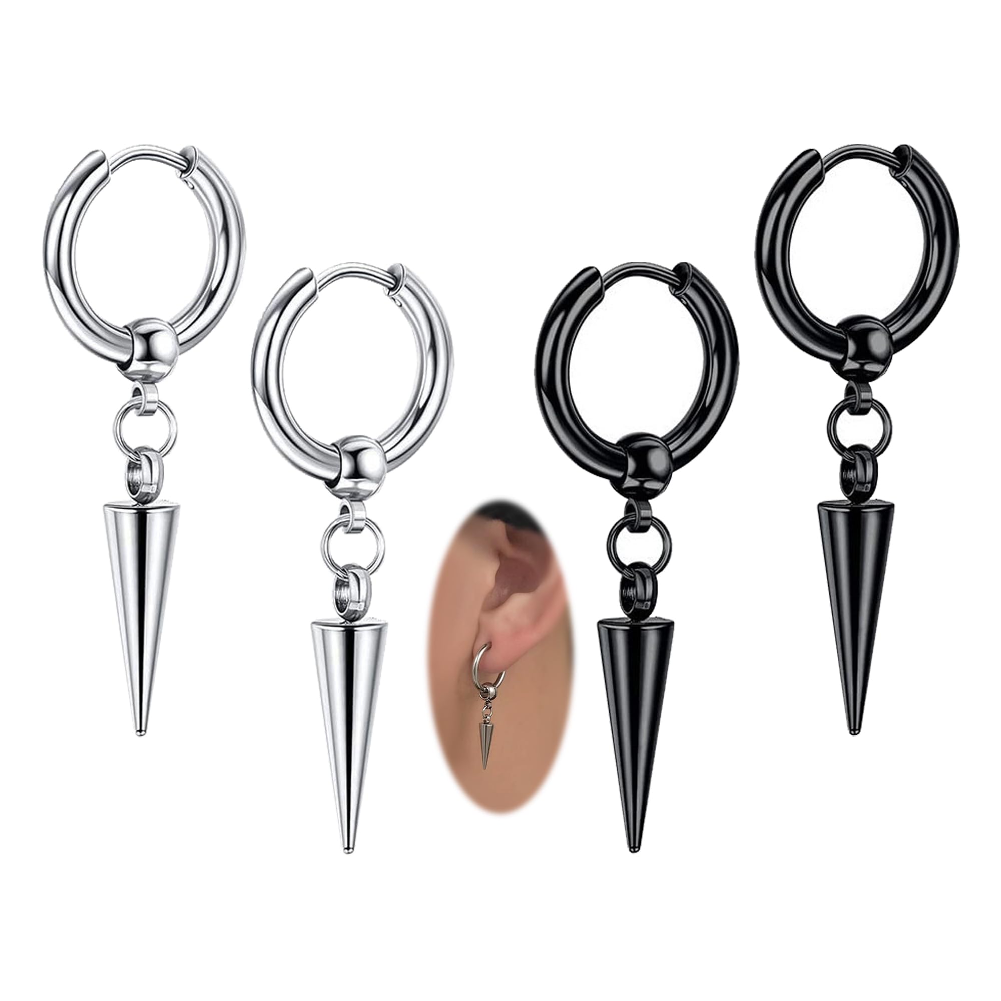 2 Pairs 316L Spike Dangle Drop Hoop Earrings for Women Stainless Steel Hoops Cuff Cartilage Stud Tragus Helix Men‘s Geometric Punk Earring Hoops