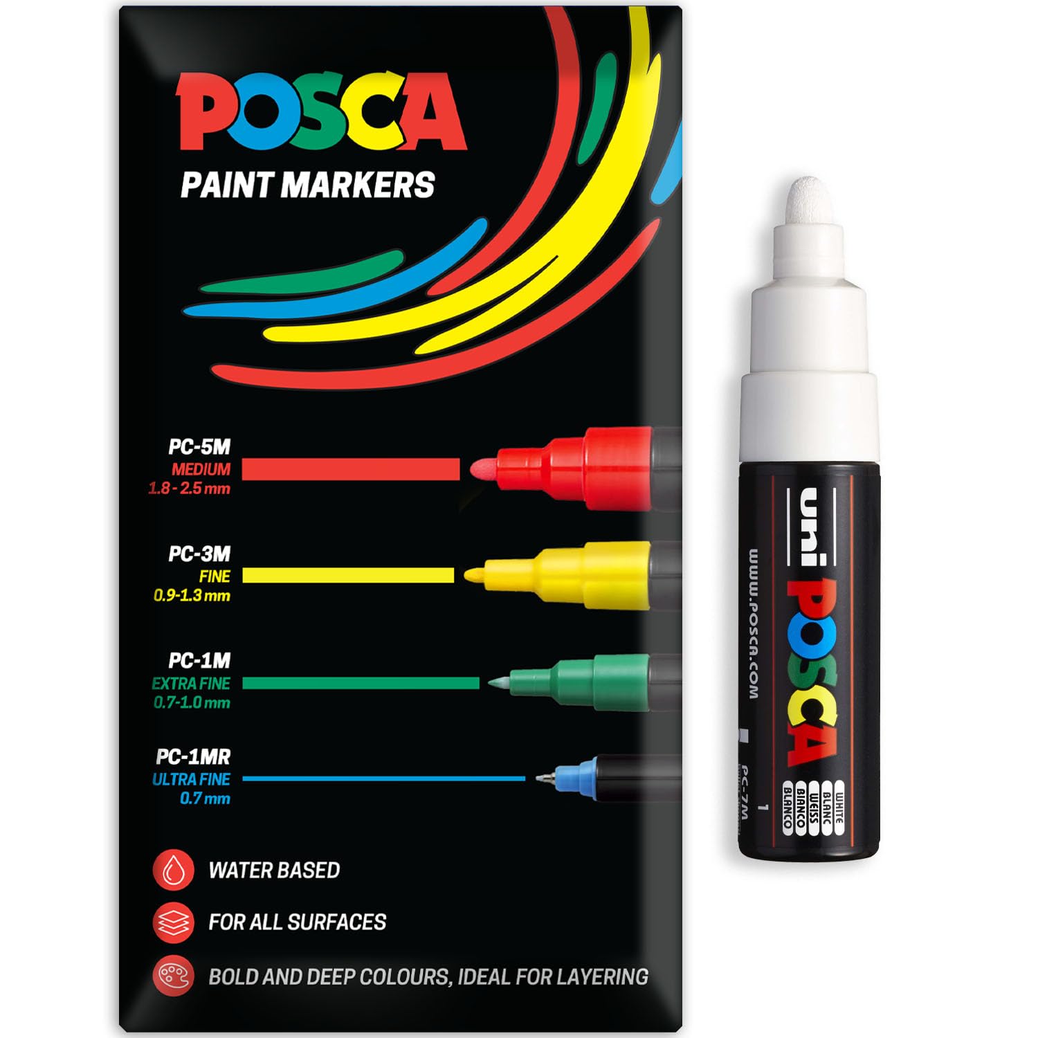 Posca Water Based Acrylic Paint Marker Pens | Multi Surface Use Permanent Paint Pen | Pack of 1 in Envelope Gift Packaging | Glass, Fabric, Canvas, Wood etc | PC-7M, White
