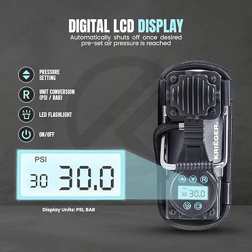 Miniatura 3 de K KRIËGER Compresor de aire portátil inflador de neumáticos de 12 V CC bomba de aire para neumáticos de automóvil con medidor de presión digital de