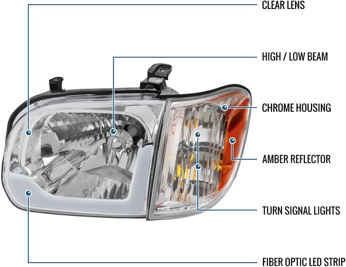 Ronnin - Fits 2005-2006 Toyota Tundra 2005-2007 Sequoia Upgraded LED Running Tube Lights Headlights + Corner Lights Replacement Assembly Pair | Chrome