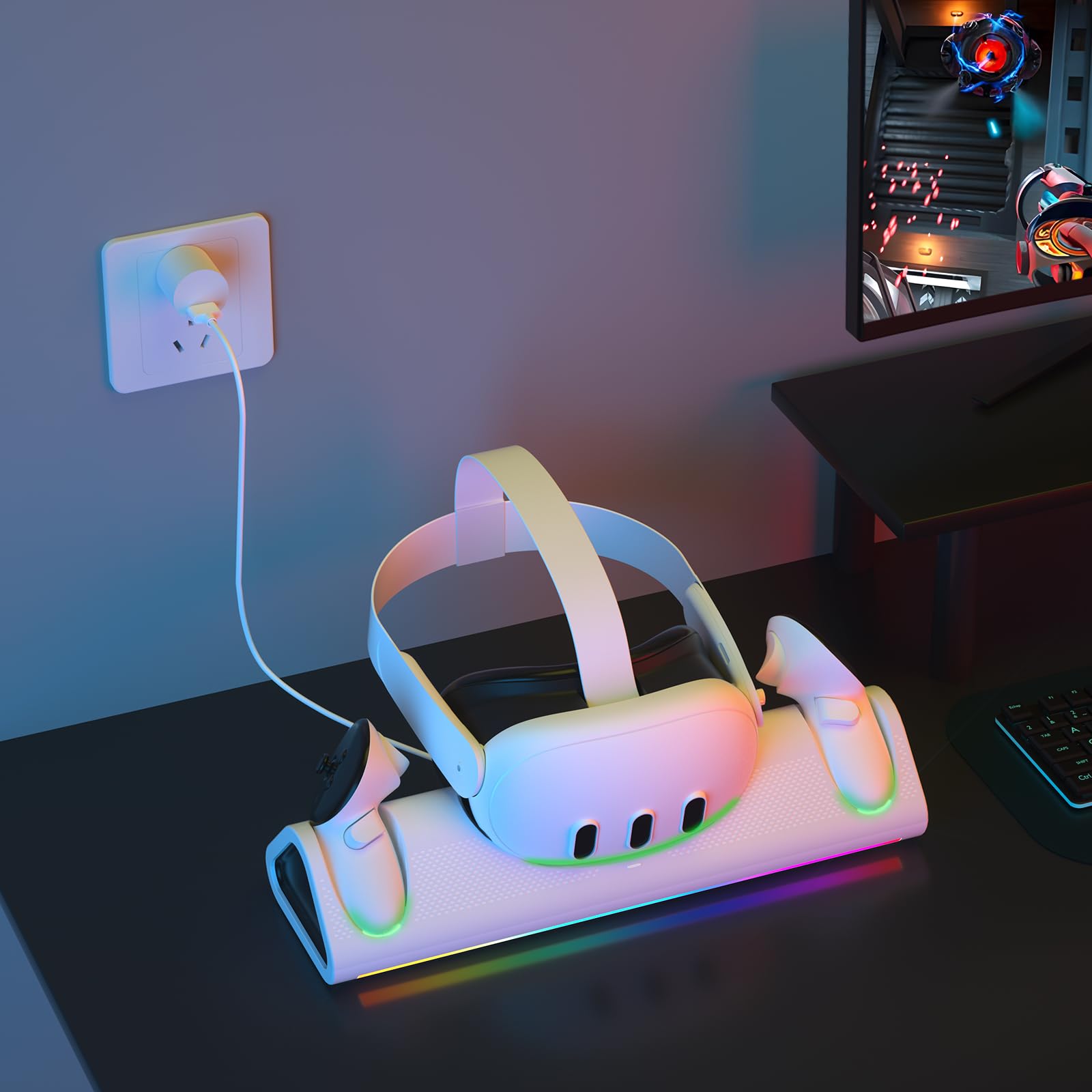 Estación de carga para Meta Quest 3, soporte de carga magnético para auriculares y controladores, 2 baterías para controladores táctiles, indicador LED