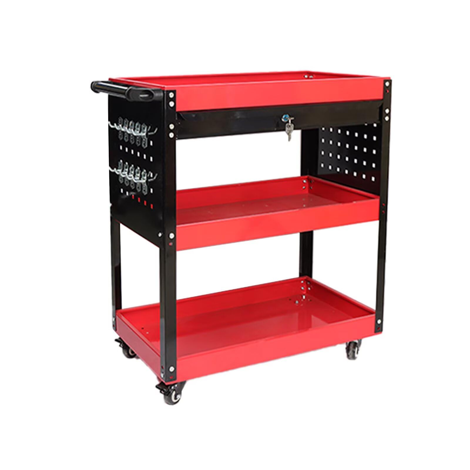 Carrello Portautensili Officina Carrello da Officina con 3 Ripiani Con cassetto e Pegboard Per Bagno Cucina Camera da letto Soggiorno(65x36x78cm) Rosso
