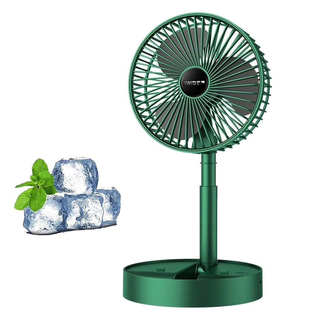 USB Rechargeable Foldable Fan with Adjustable Height, 3-Speed Portable Telescopic Folding Fan, 3-Blade for Home, Office and Travel (green)