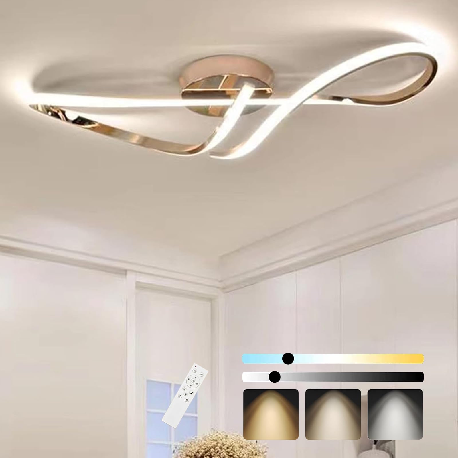 Dimmbar LED Deckenleuchte，Gold Modernes Verchromen Prozess Deckenlampe Mit Fernbedienung für Schlafzimmer Kinderzimmer Wohnzimmer KüChe Esszimmer Arbeitszimmer Innenbeleuchtung 80cm