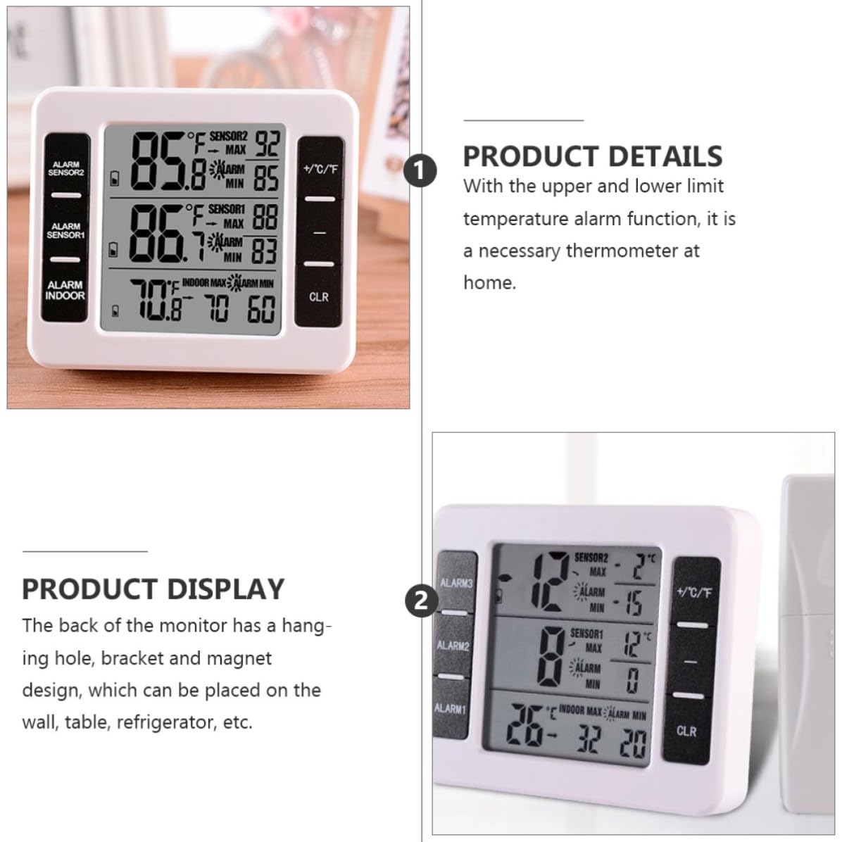 jojofuny Termometro Digitale per Frigorifero con 2 Sensori Wireless, Display Lcd, Supporto Portatile in Plastica e Magnetico per Uso Interno ed Esterno