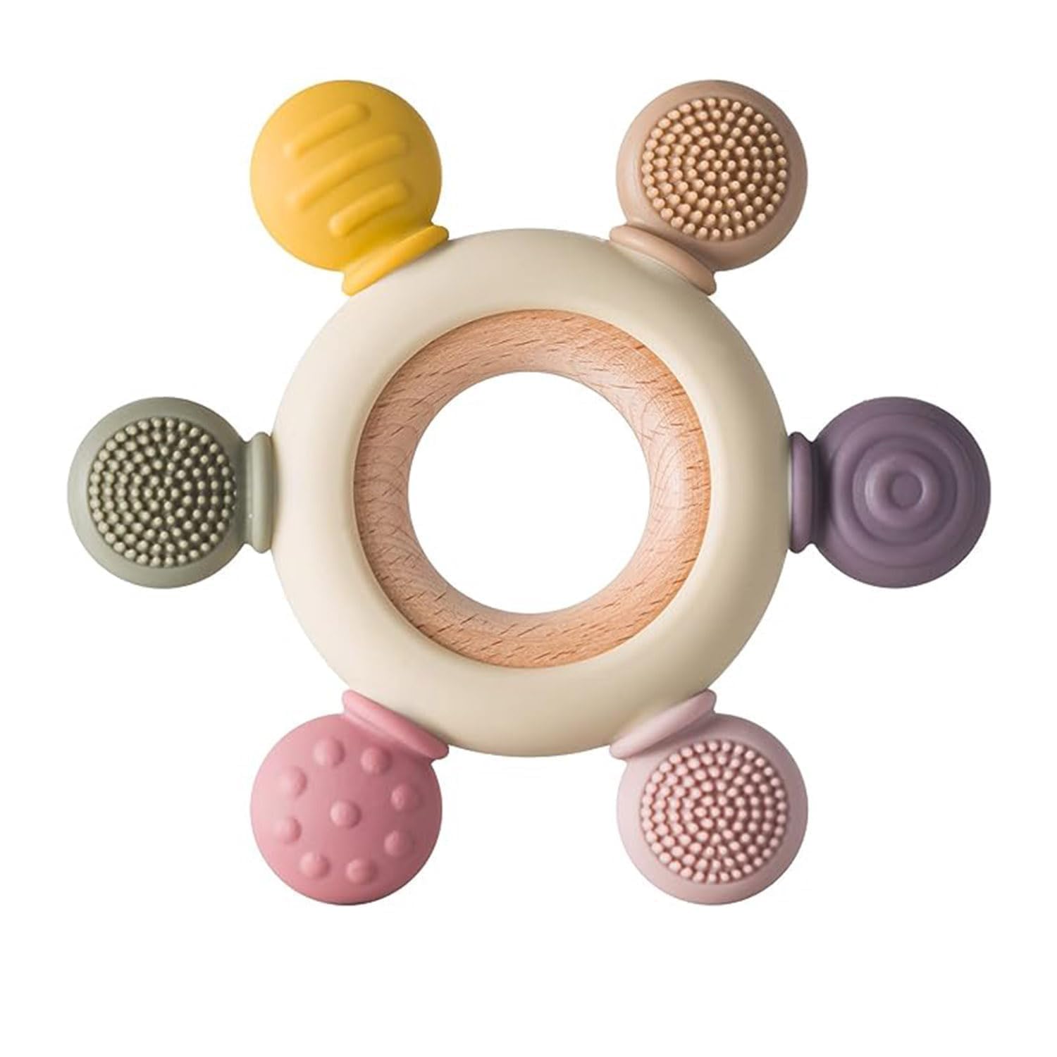Baby Teething Toy Ring with Silicone and Wooden Ring Round Shape Color - Beige-image-17