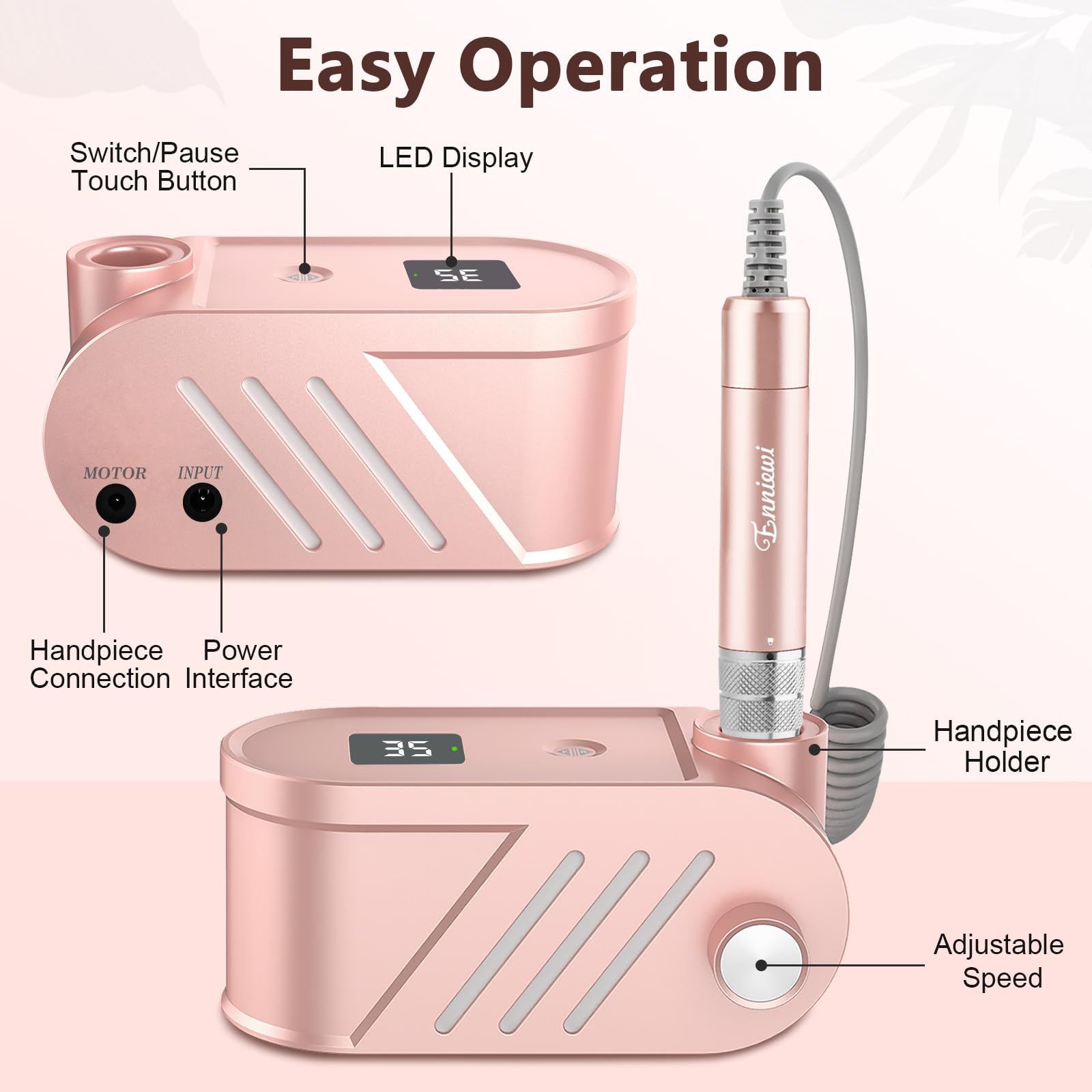 Fresa per Unghie Professionale 35000RPM, Lima Per Unghie Elettrica, Manicure e Pedicure, Trapano Elettrico per Rimozione Gel/Smalto, Rosa