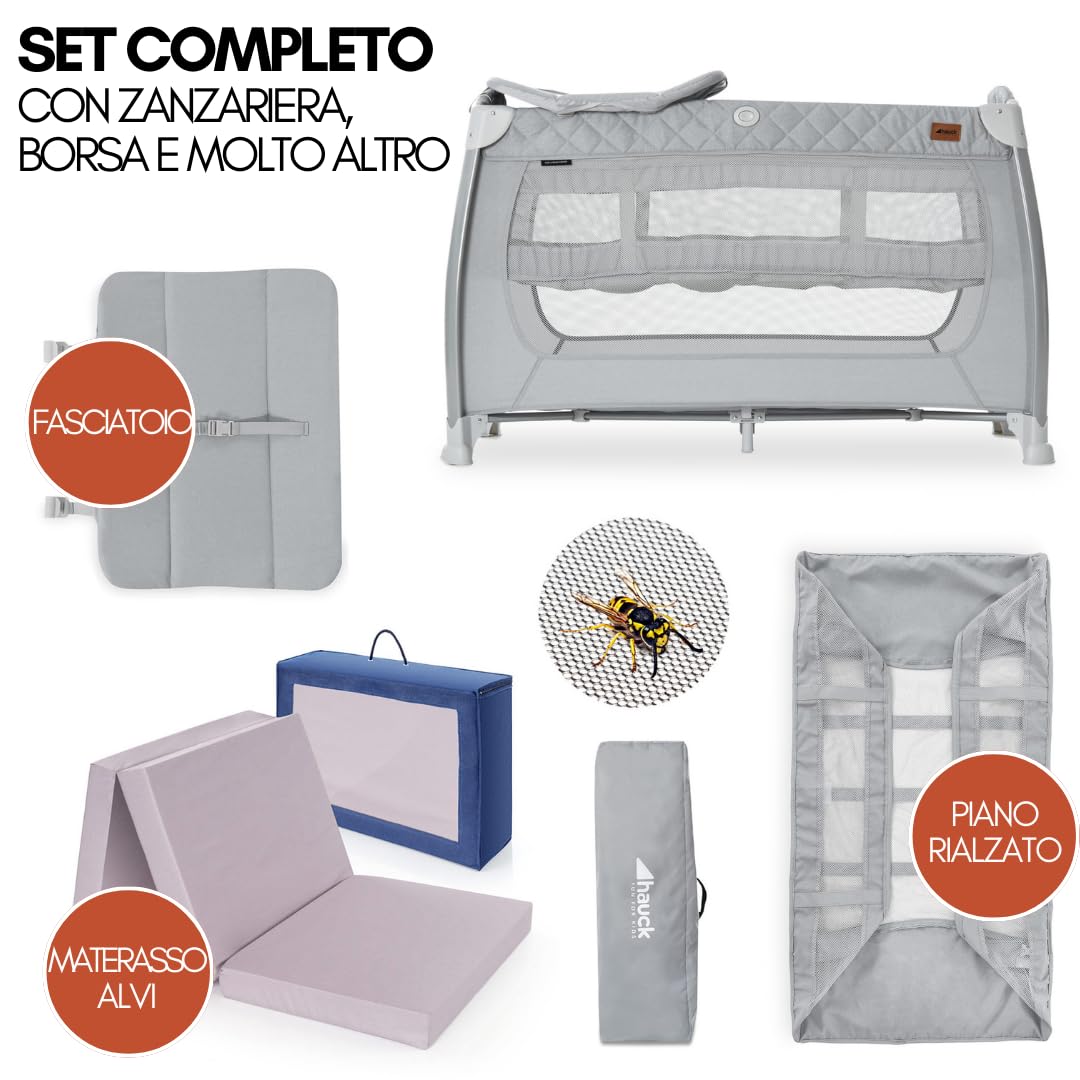 hauck Lettino Da Viaggio Play N Relax Center Set con Materasso Comfort e Zanzariera - Culla Neonato 120x60cm con 2 Livello, Fasciatoio, Borsa e Apertura - (Apertura laterale, Grigio melange)