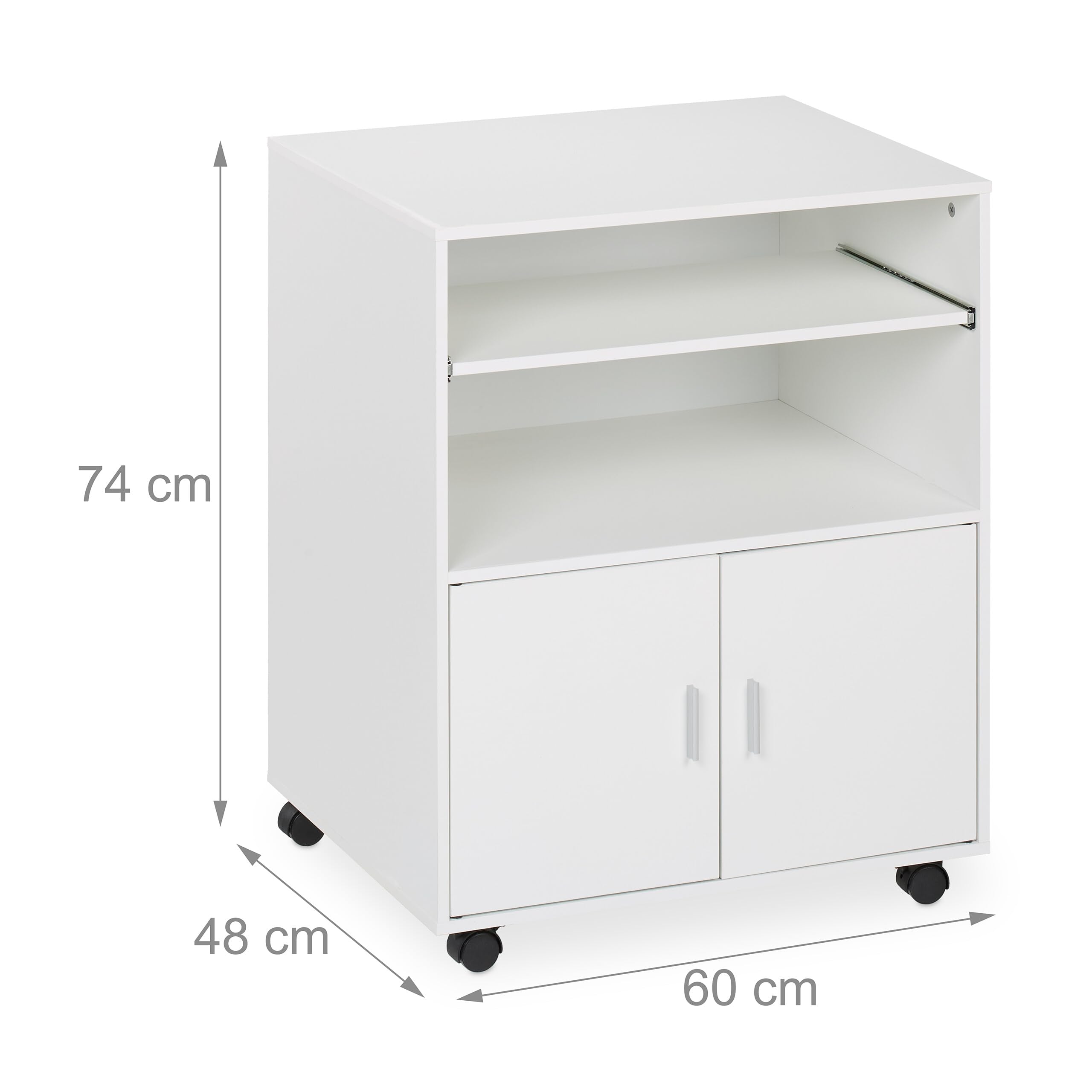 Relaxdays Carrello Porta Stampante, 2 Scomparti e Ripiano Estraibile Tastiera, Mobiletto Ufficio, 74x60x48 cm, Bianco