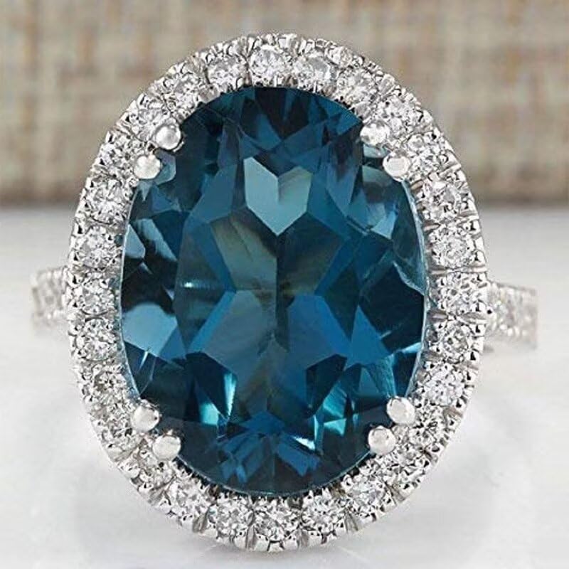 Women’s Oval Peacock Blue Zircon Ring, 14k White Gold Princess Cut Solitaire CZ Wedding Engagement Rings Set Crown Simulated 4 Carat Round Cut Cubic Zirconia CZ Ring for Women Statement Size 9