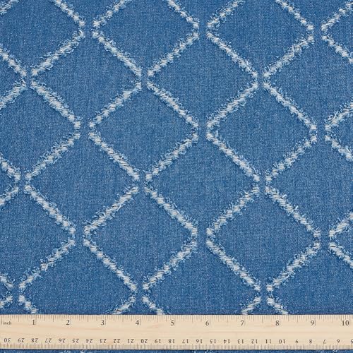 PH PandaHall Tela vaquera de 1,6 m de ancho, tela vaquera de algodón con diseño de flores de gancho azul, tela de mezclilla jacquard con patrón de rombos para costura, manualidades, bolsas de ropa