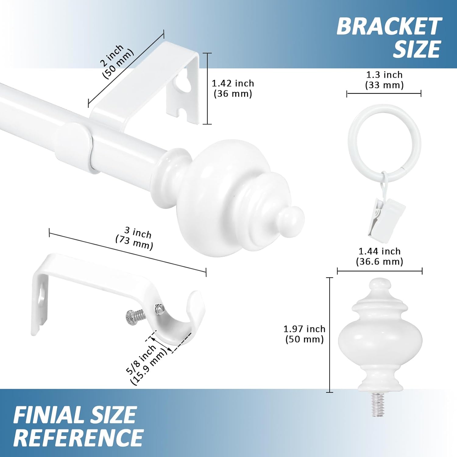 Urbanest Round Urn Adjustable Single Drapery Curtain Rod Set with 24 Rings, 5/8", 84"-120", Glossy White