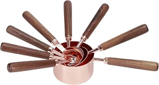 Rose Gold Measuring Spoon Set, Stainless Steel with Wood Handles, 8 Pieces | Engraved scale marks for accurate baking, brushed interior for easy release, comfortable grip walnut handles