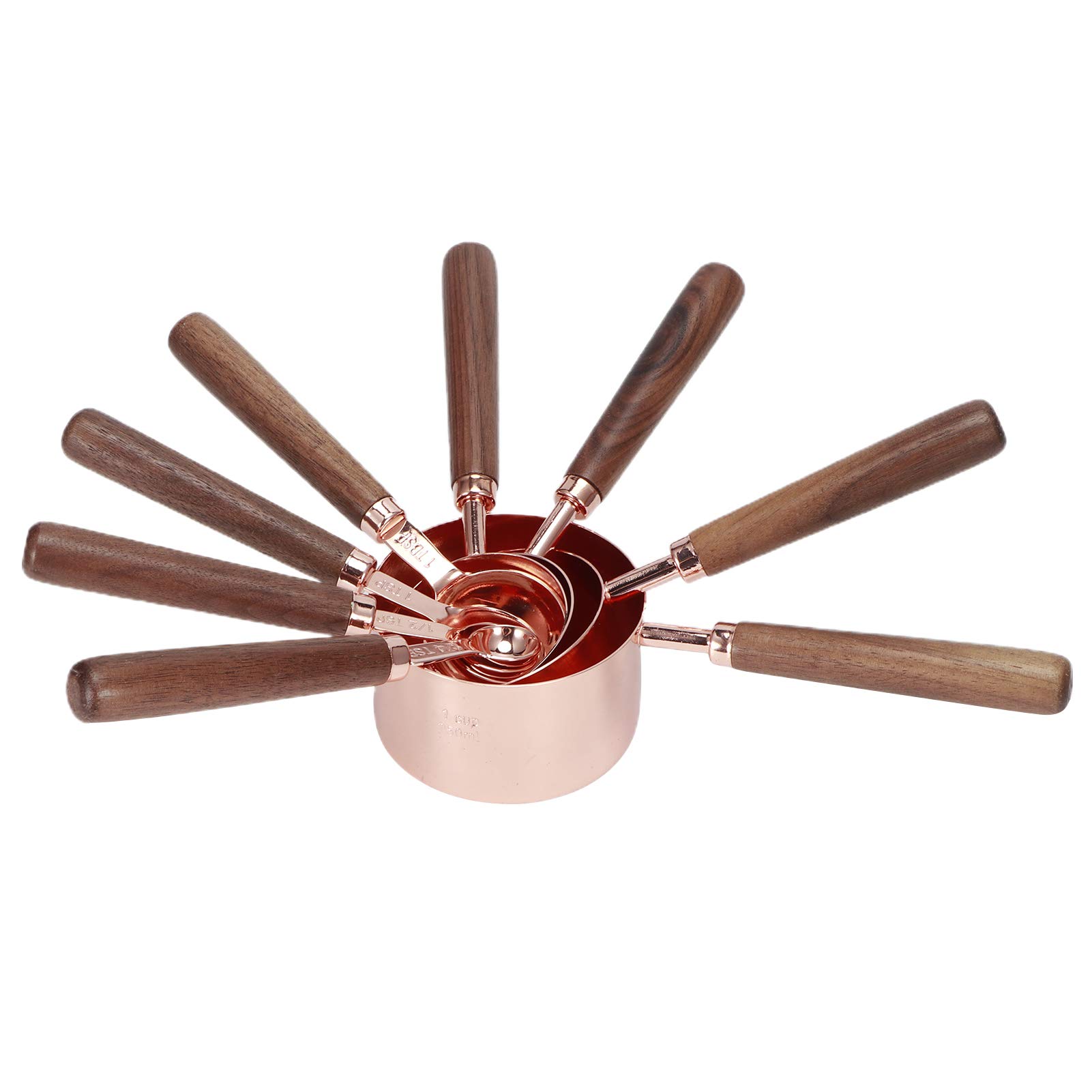 Ensemble de 8 cuillères à mesurer en acier inoxydable or rose avec poignées en bois, accessoire de cuisine, cuillère à mesurer pour les boulangers à domicile et les amateurs de