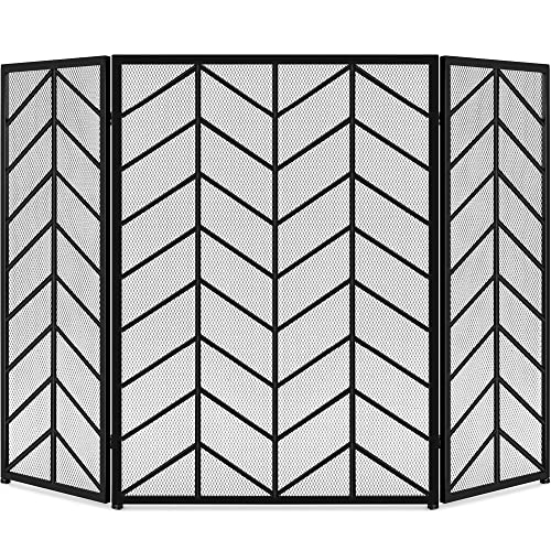 Best Choice Products 52x31in 3 Panel Chevron Fireplace Screen, Mid Century Modern Wrought Iron Hand...