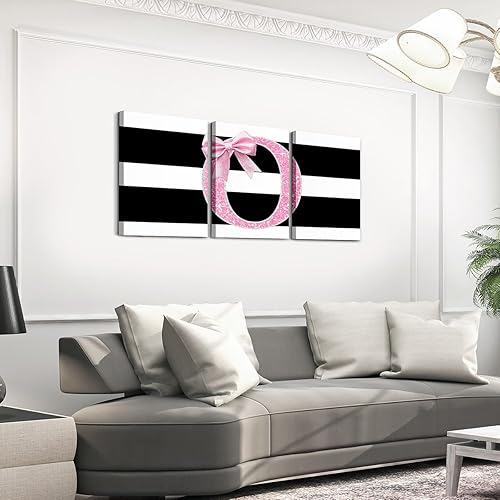 Vista 10 de Erosebridal Carteles de arte de letra N inicial de 12 x 16 pulgadas, lienzo con lazo rosa, arte de pared, diseño de lentejuelas kawaii, decoración