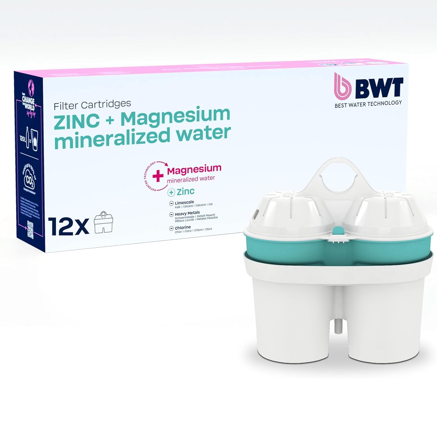 BWT filtros agua ZINC & MAGNESIO – Pack 12 | Filtro jarra compatible con jarra filtradora de agua | Purificador doméstico | Filtra cal, cloro, metales | Desde una dureza de 15 °dH