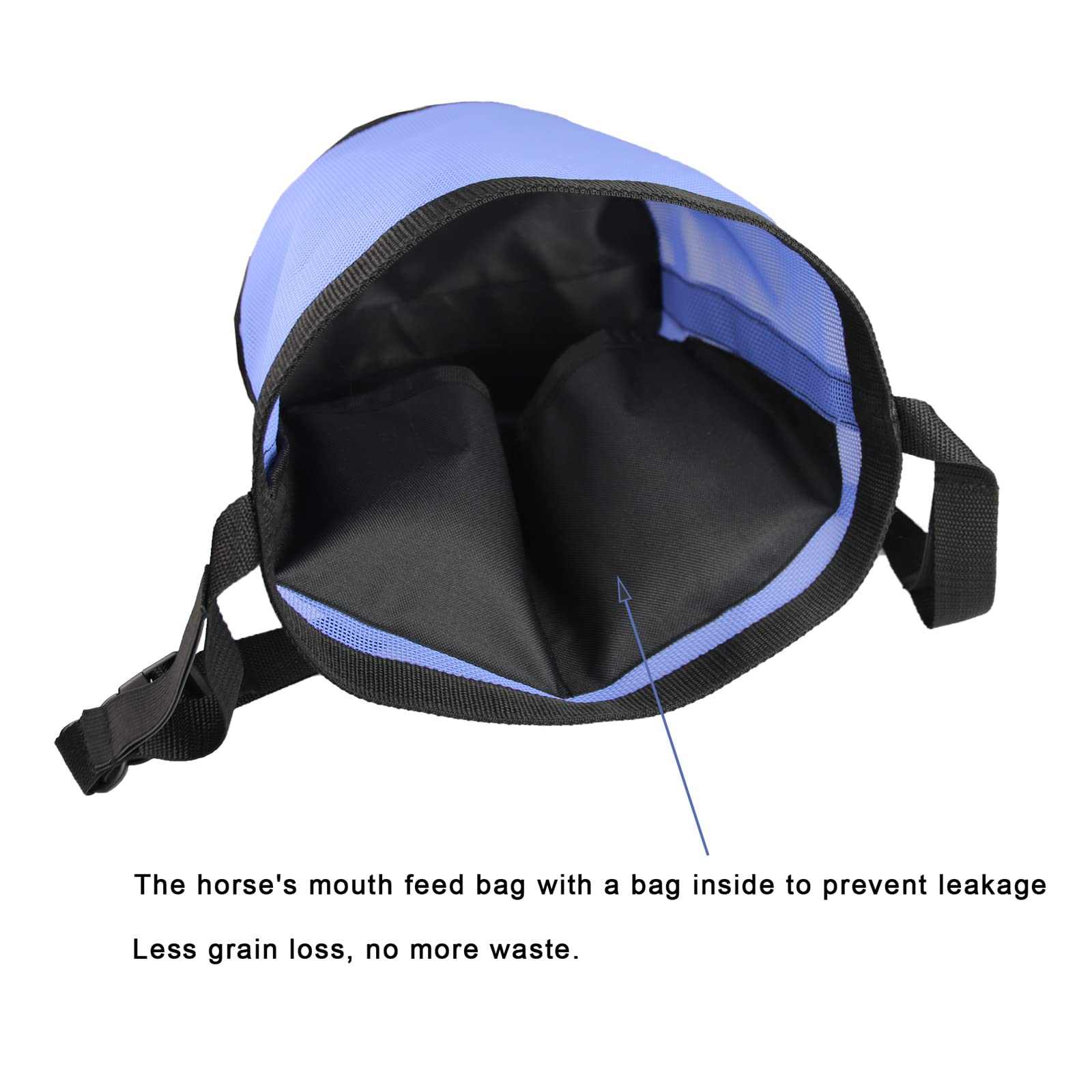Sacchetto di alimentazione del cavallo, sacchetto di alimentazione del grano traspirante resistente della maglia del PVC, con cinghia regolabile e scatto durevole per esterno e interno (Blu)