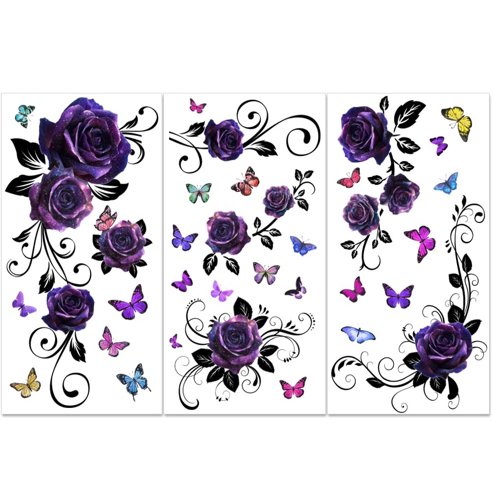 PLIGREAT 3 Sheets Purple Rose Rub on Transfers for Crafts and Furniture Watercolor Waterproof UV DTF Transfer Stickers for Wooden Dressers Ceramic Scrapbooking Decorative Rub on Decals, 12