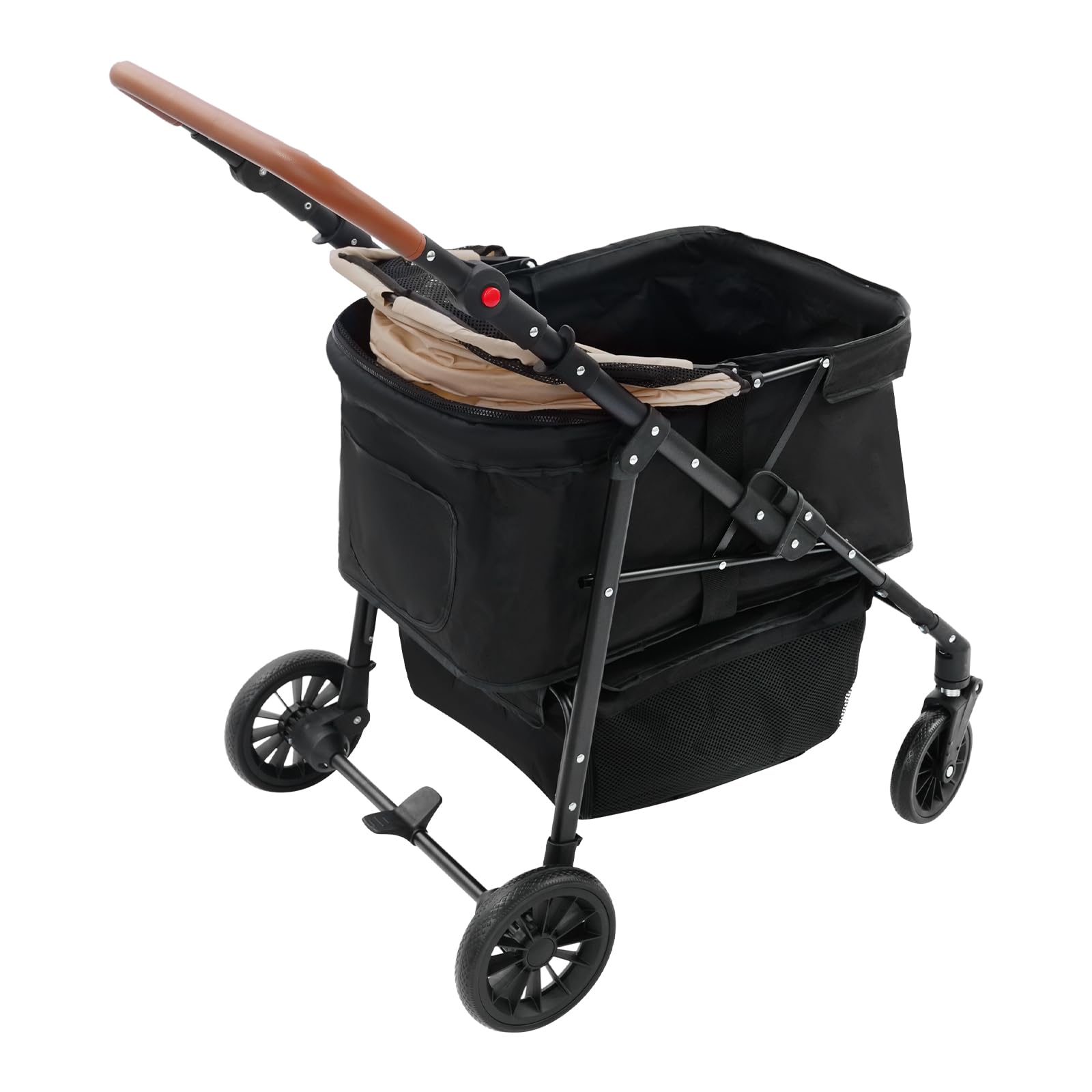 Carrello per cani 2 in 1, pieghevole con due scomparti separati, passeggino per animali domestici fino a 15 kg, con maniglia regolabile, per cani e gatti di piccola taglia (nero + cachi)