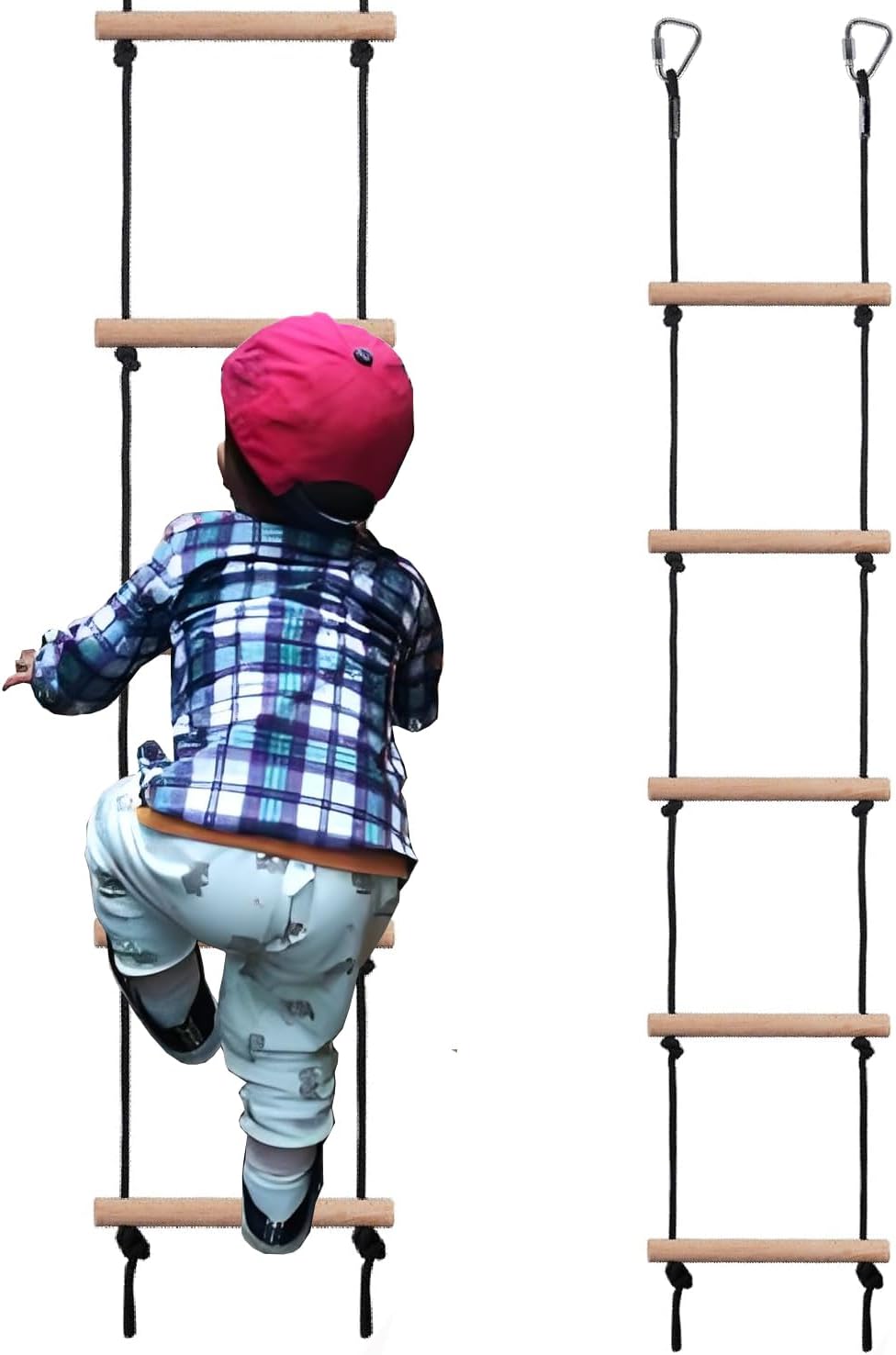 Rope Ladder for Kids, Ninja Warrior Obstacle Course Accessories - Heavy Duty Wooden Climbing Ladder with 2 Hooks for Treehouse, Swing Set, Trampoline & Playground (5-Step, 120kg Capacity) (Black) - Image 1 of 7