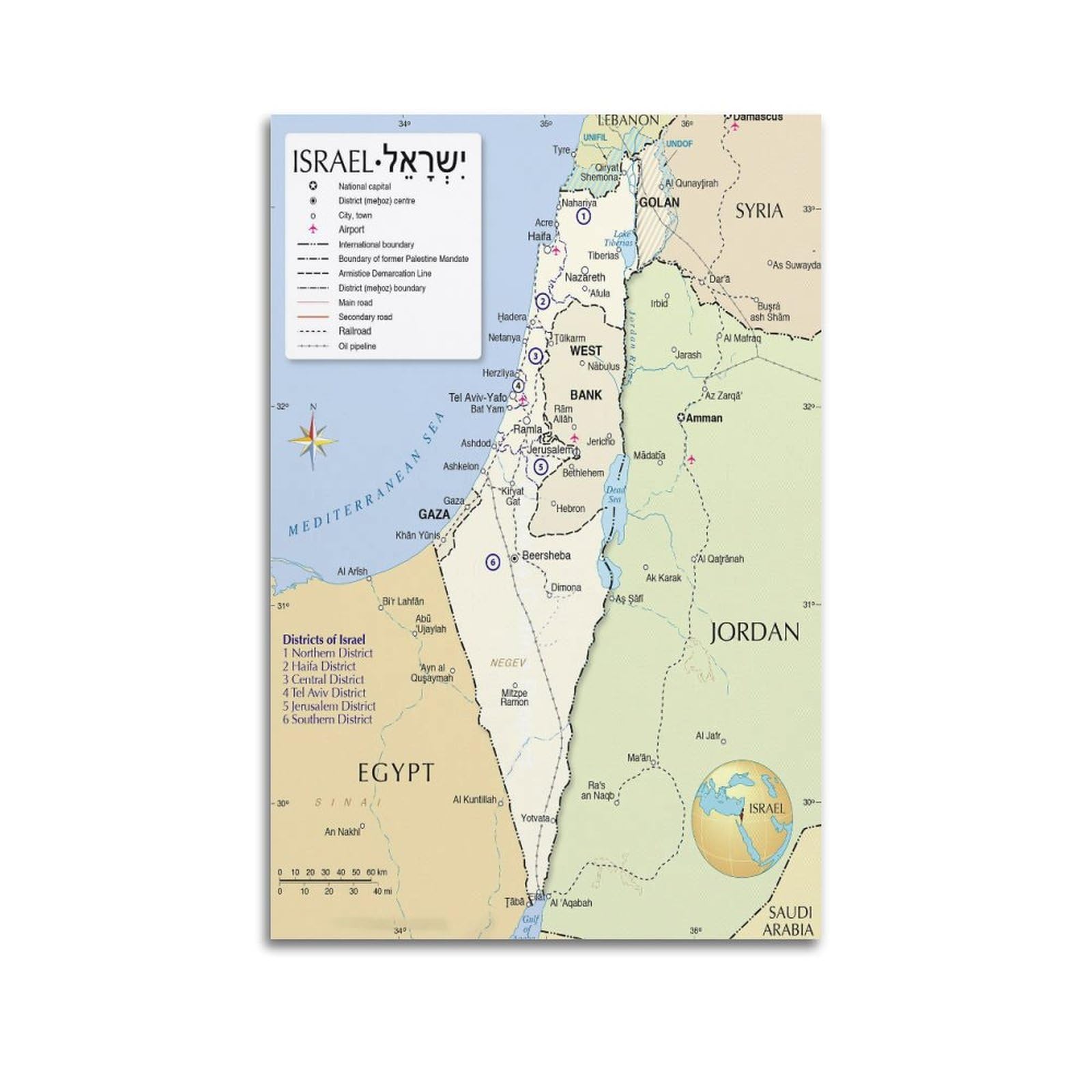 Hayze Unframe-Style Map Of Israel Poster 1 Decorative Canvas Wall & Art Poster Painting 20X30inch(50X75cm)