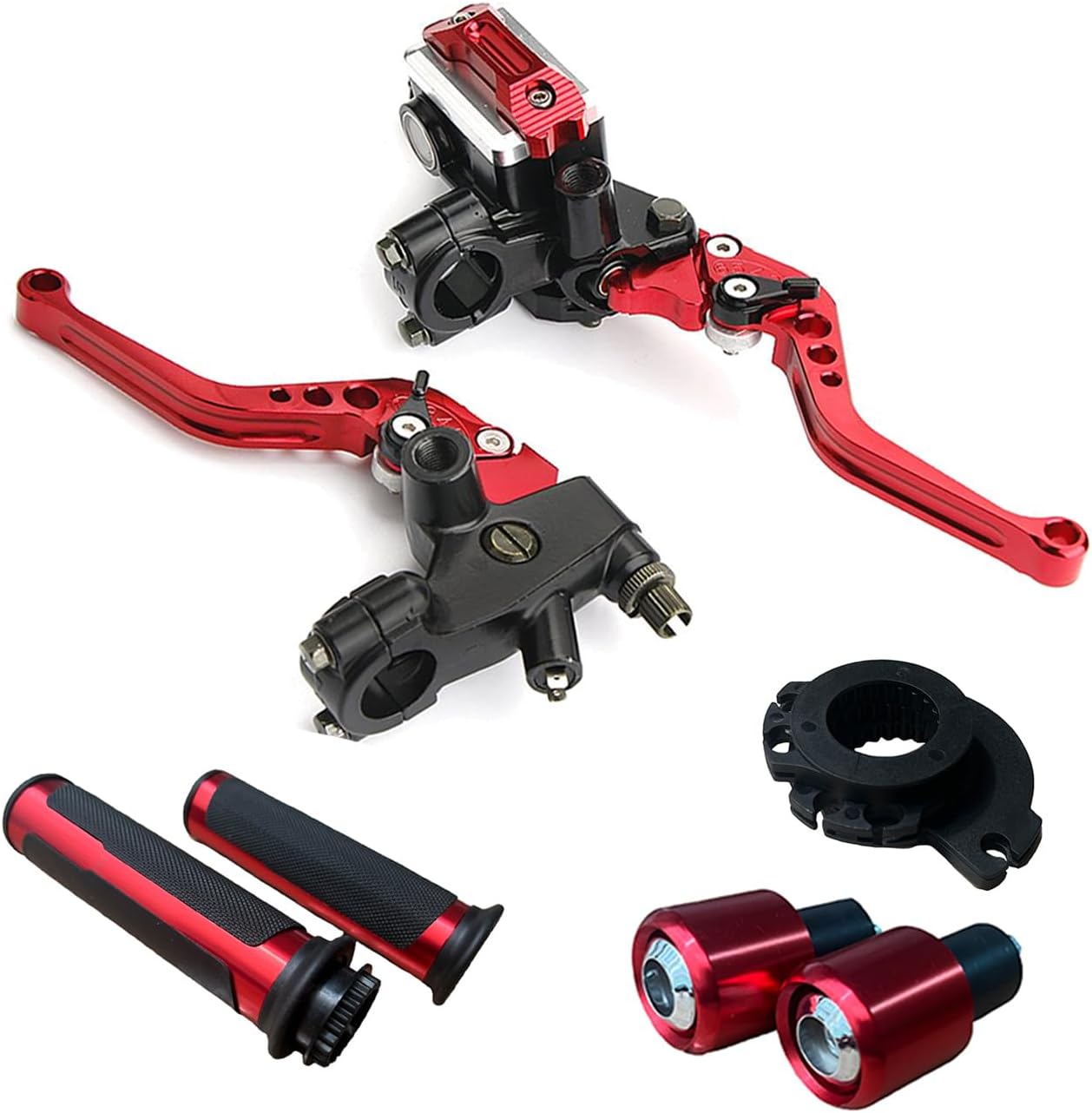 Universal Motorcycle Brake Lever 7/8 Inch 22mm Handlebar Brake Master Cylinder Clutch Levers Set + Hand Grips + Handlebar Ends Set Fit for Harley Honda Kawasaki Suzuki Yamaha Red Red-Set