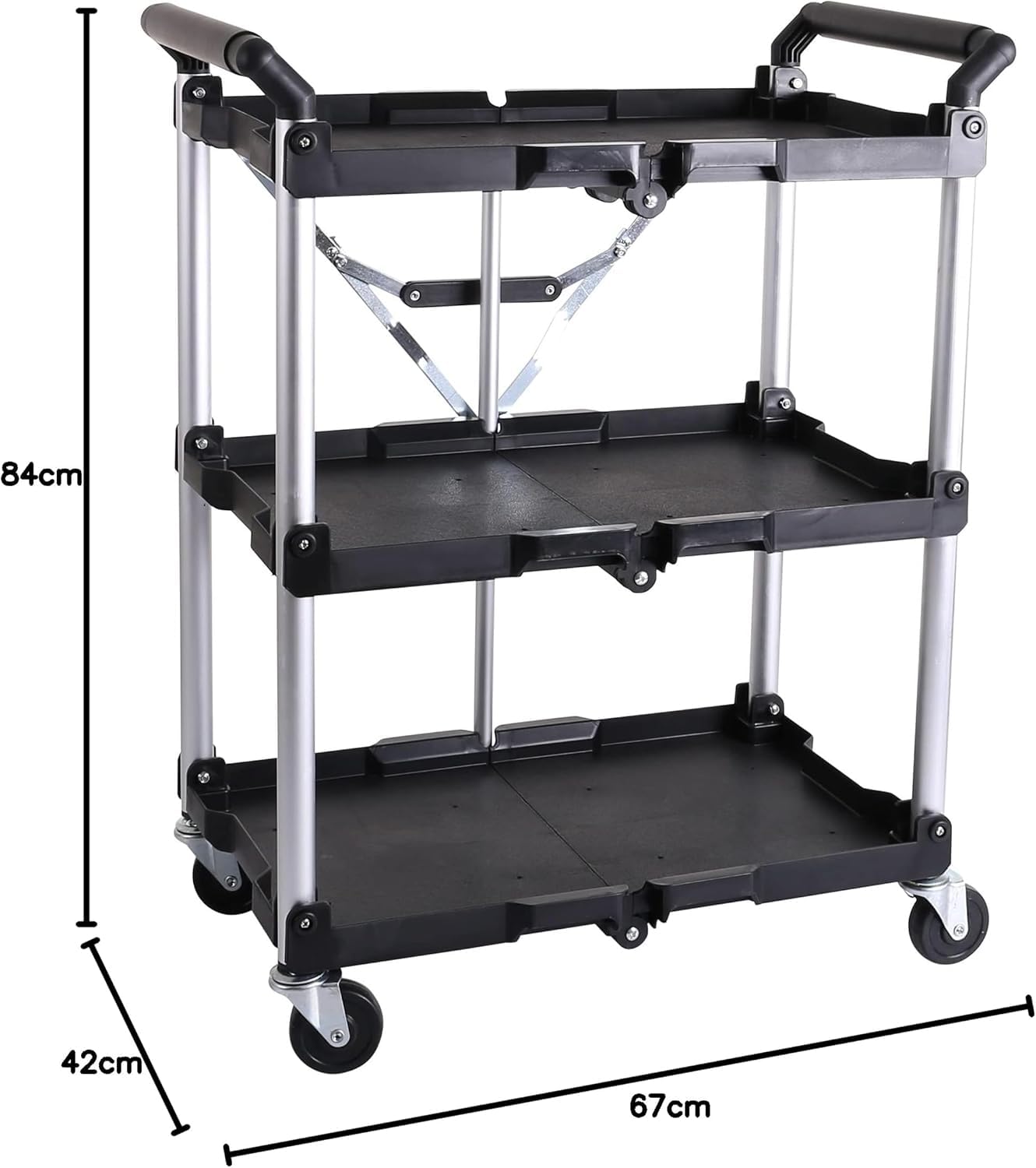 Pallit Serve Servierwagen mit Rollen 75 kg Tragkraft 3 Ebenen, klappbarer Küchenwagen, Rollwagen aus Metall 600 x 380 mm für Küche, Büro, Werkstatt