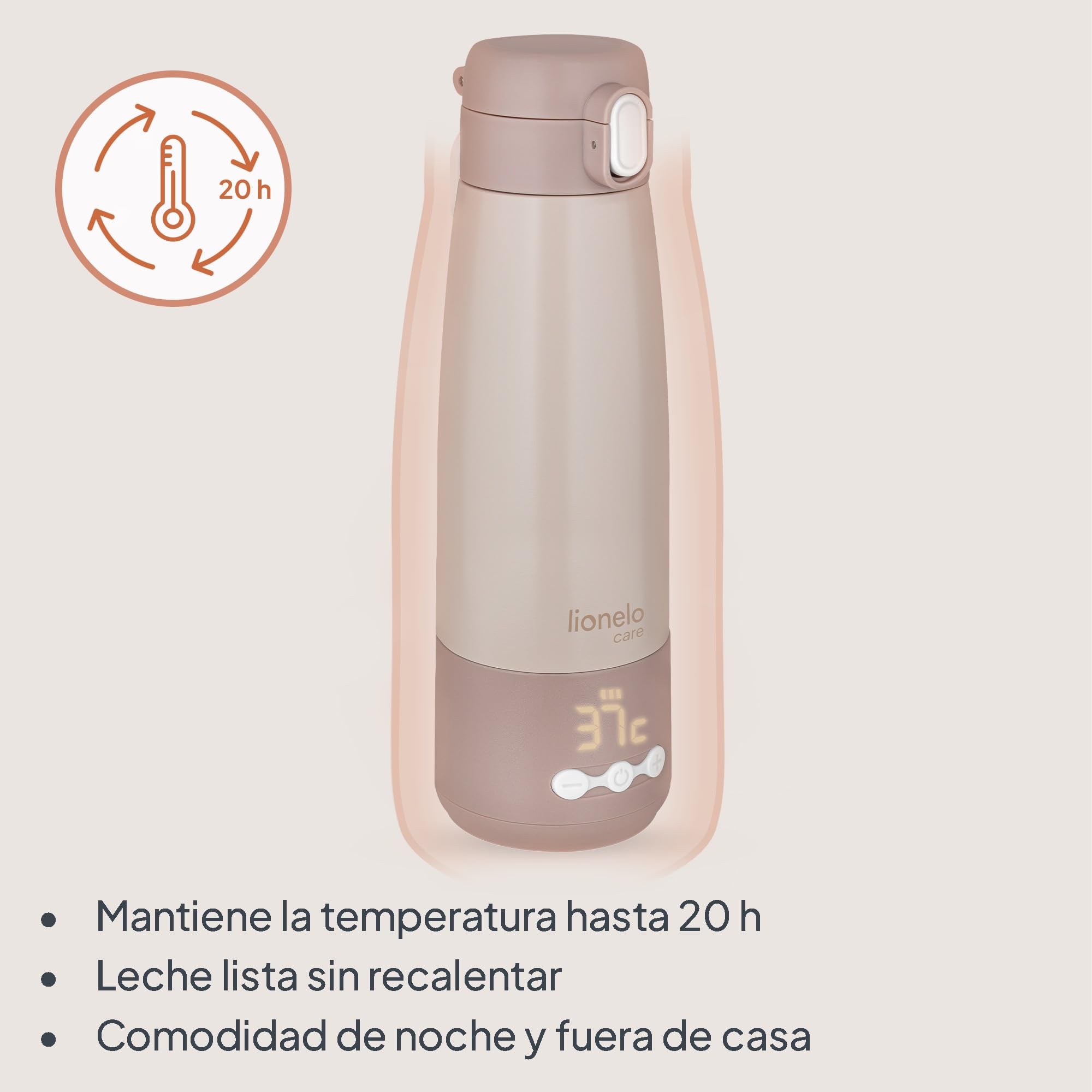 Lionelo Thermup Bottle Calentador de Leche Portátil, Termo Eléctrico sin Cable con Control de Temperatura 37–55 °C, Calienta Leche en 3,5 Min, Mantiene 20 h, Acero SUS316, 350 ml, para Bebés y Viajes