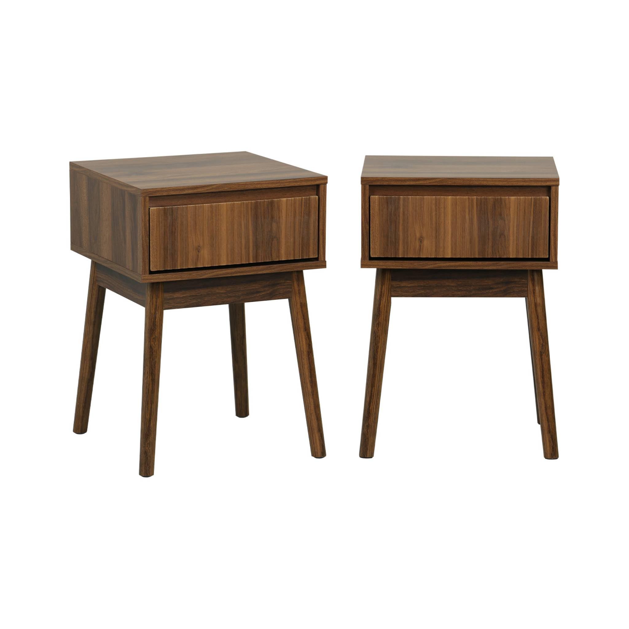 sweeek-Mesita de Noche de 1 cajón con Efecto Madera, Set de 2 Nogal - 39x39x55.4 cm