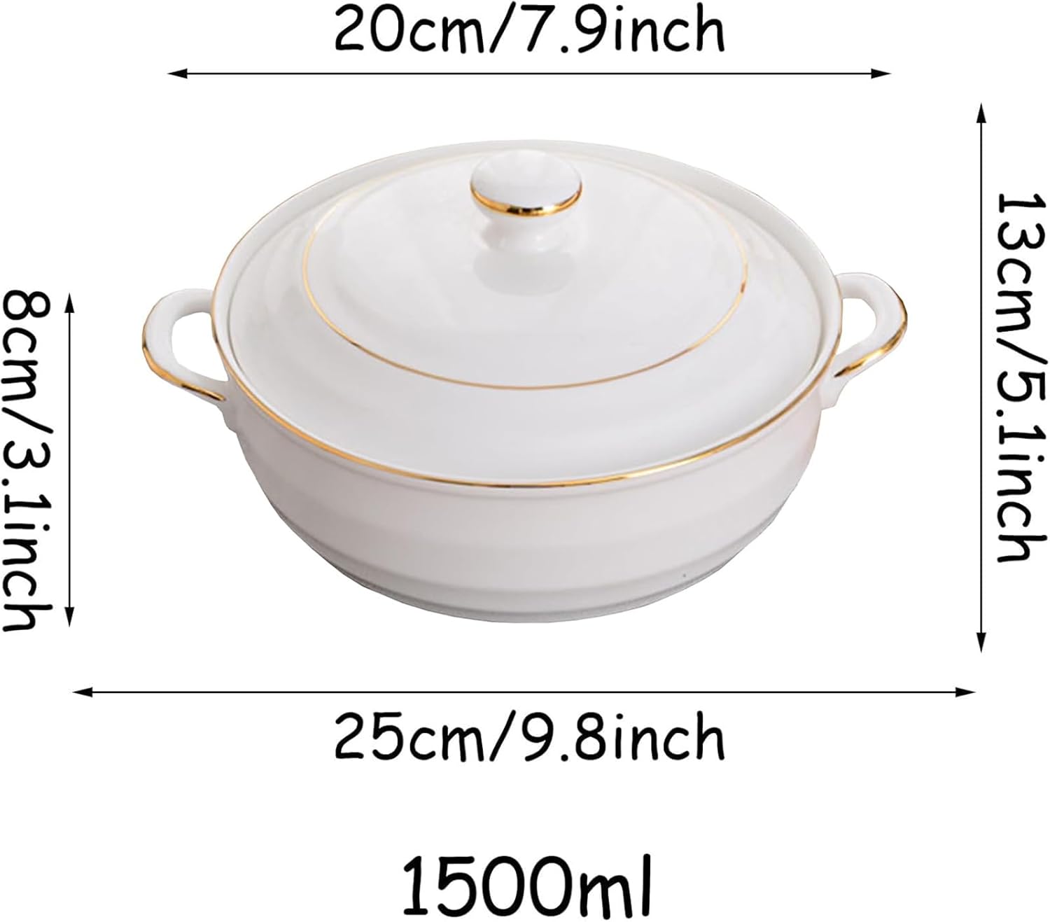 Ceramic Soup Tureen White Porcelain Soup Serving Tureen with Lid and Porcelain Soup Bowl Large Porcelain Soup Serving Bowl with Handles, Microwave & Dishwasher & Oven Safe,Gold