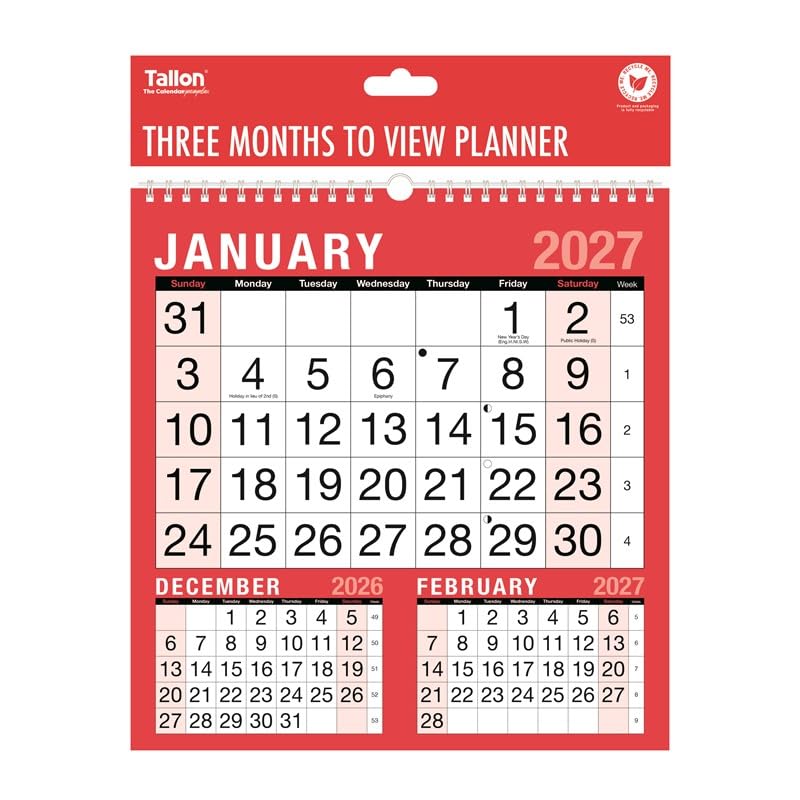 2027 Wall Calendar Planner - 3 Months to View - Wiro-Bound Hanging Calendar - UK Holidays Home Office & Work Organiser - Full Year 27-28 Family Calendars 25cm x 24cm