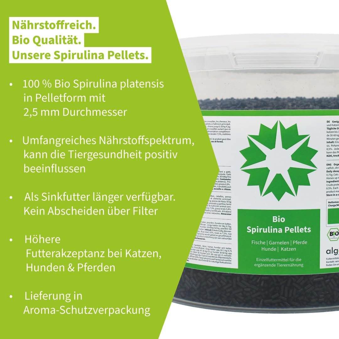 Spirulina Pellet naturalna karma dla ryb ozdobnych, woda morska i słodka, krewetki, sumy, koi, konie, psy, koty, wysoka zawartość karotenoidów, witaminy i minerały Barf (4 mm, 1,2 kg)