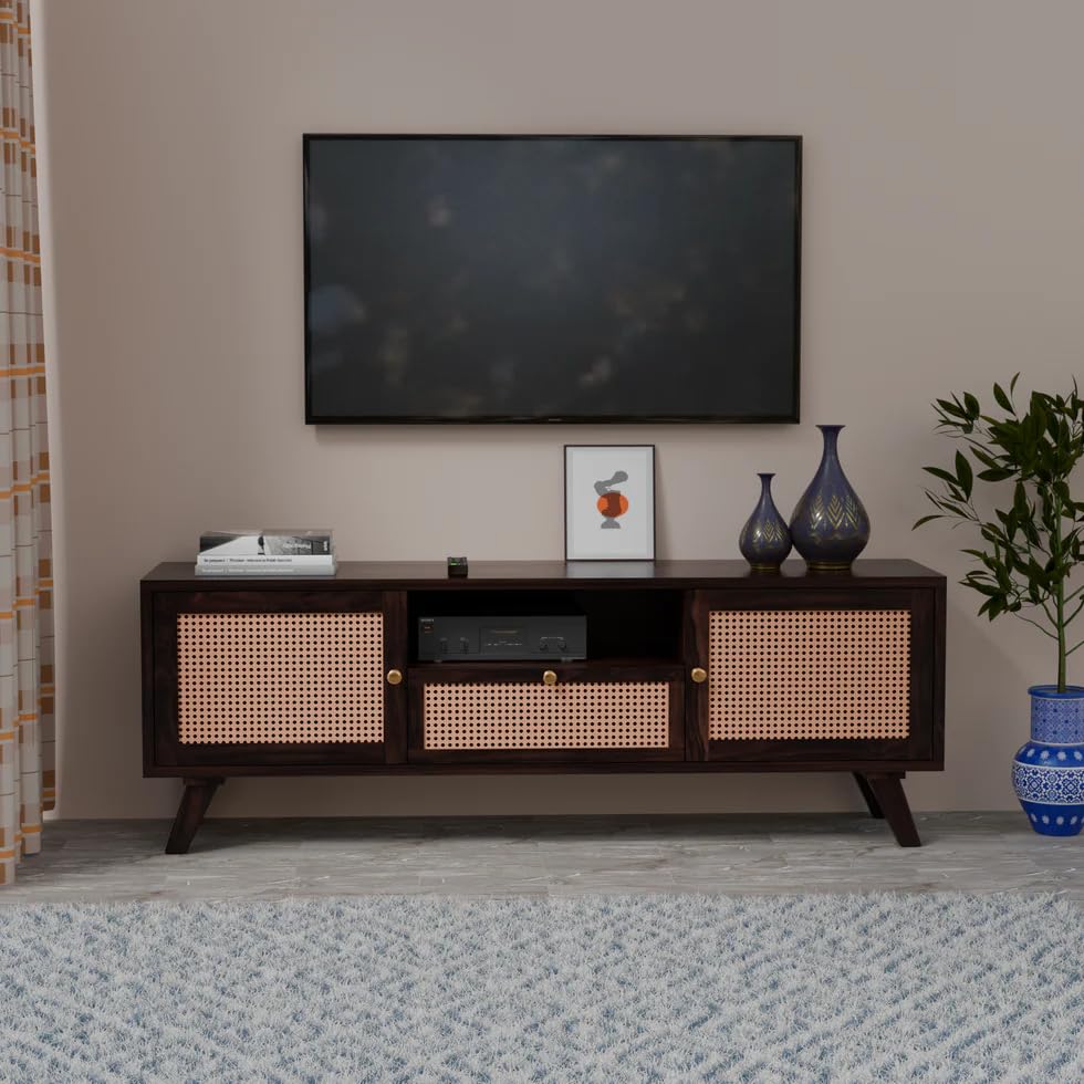 Image of Premium Solid Wood, 10 Minutes Assembly (Legs Only), Aesthetic Rattan Doors, Mid Century Entertainment Center for Living Room, TV Stand for 65 inch TV, Dark Chocolate (D-Dark Walnut)